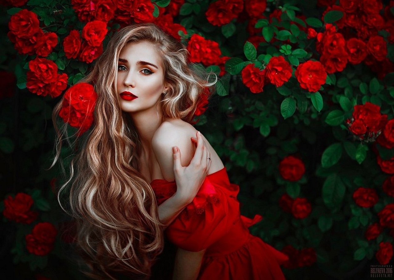 Девушка С Красным Цветком Фото