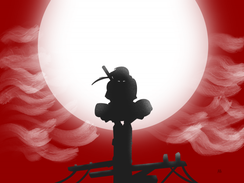 Итачи Учиха на фоне красной Луны