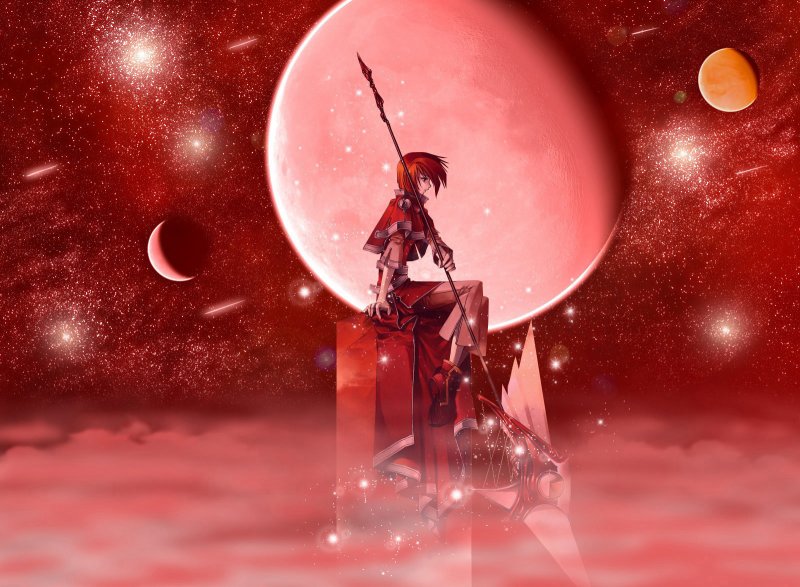 Девушка на фоне красной Луны