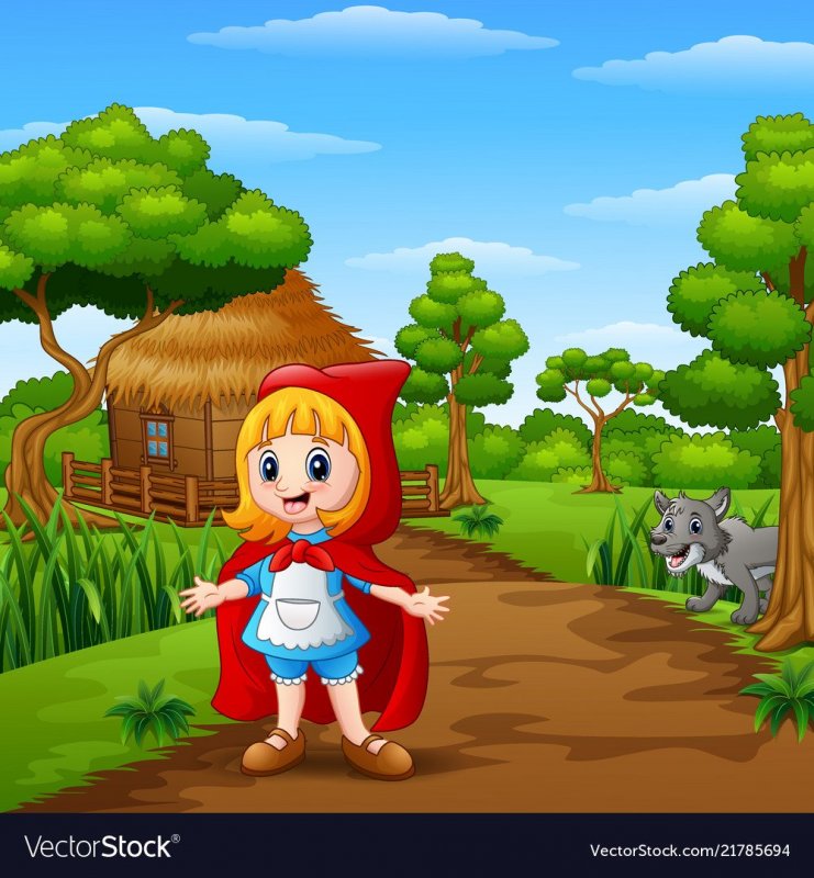 Красная шапочка в лесу с корзинкой иллюстрации