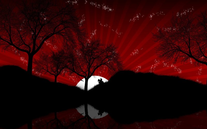 Красная Сакура на черном фоне
