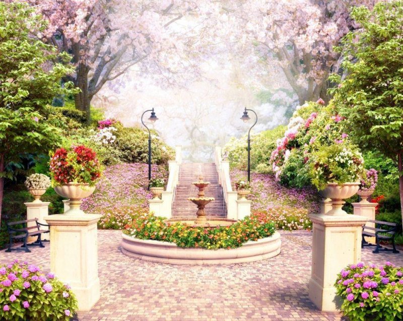 Фреска с фонтаном и цветами