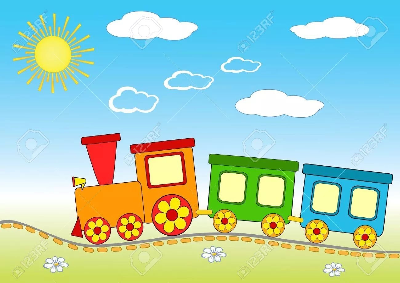 Детский паровозик с вагончиками на рельсах
