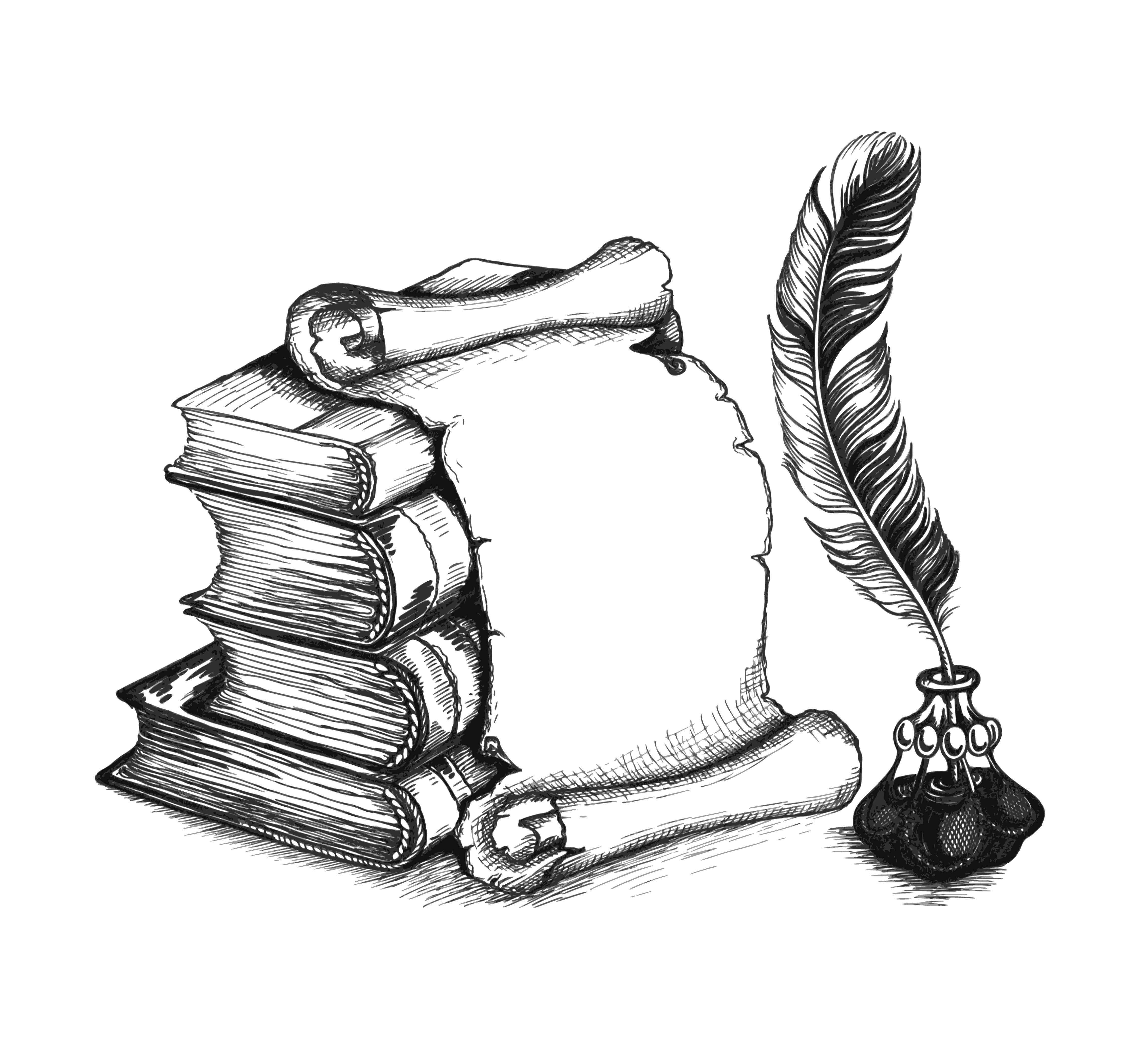 Чернильница с пером,свитком и книжкой