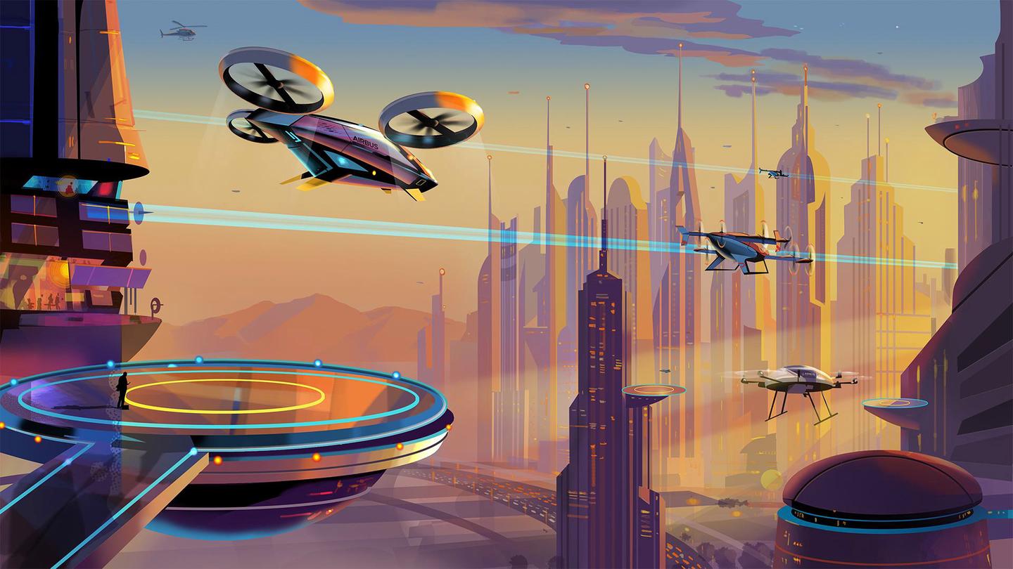 Город будущего с летающими машинами