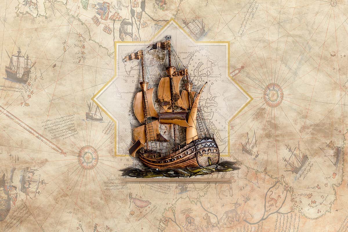 Старинная карта с кораблем