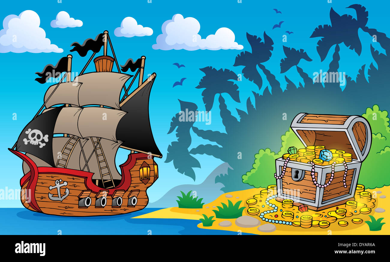 Пиратский корабль и сундук