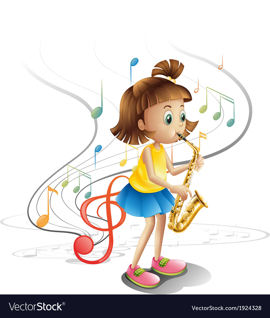 Девочка с музыкальными инструментами на белом фоне