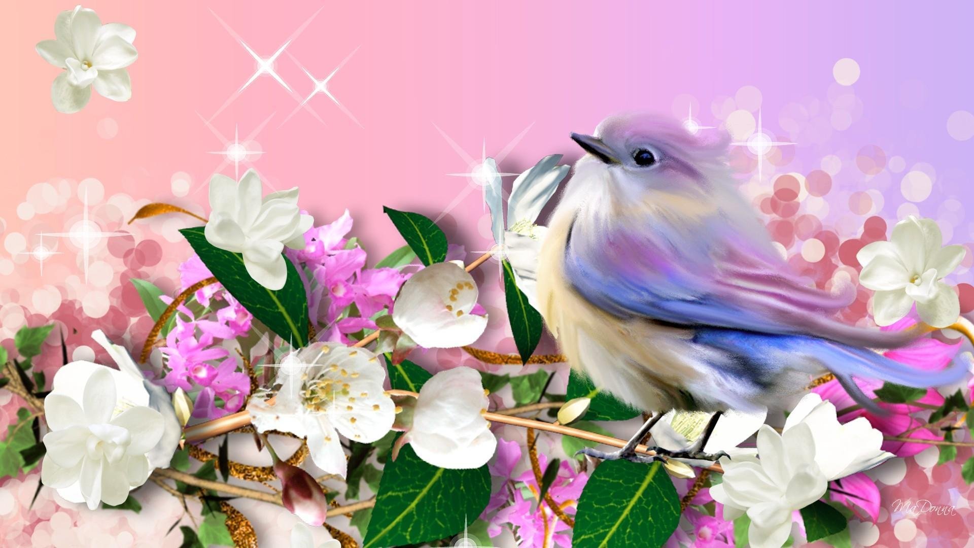 Птицы на фоне цветов