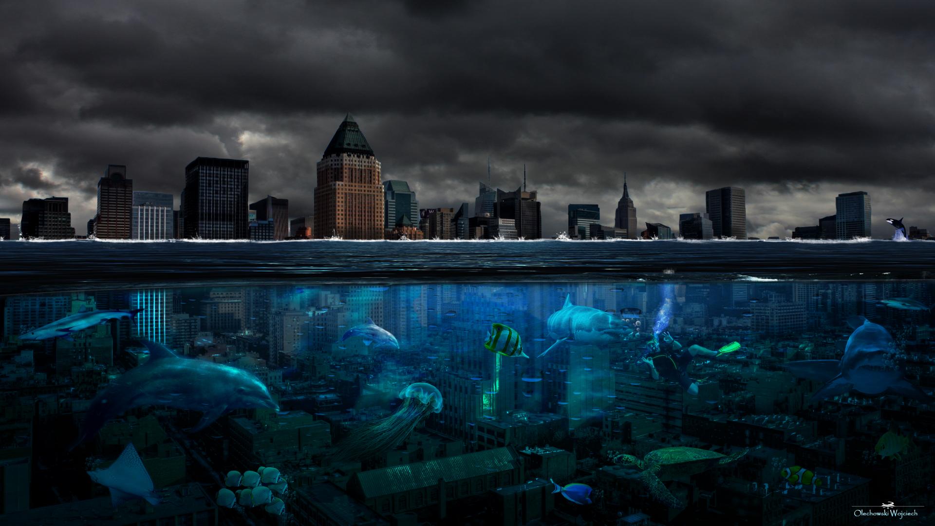 Город поды. Город под водой. Затопленный город арт. Заброшенный город под водой. Постапокалипсис город под водой.
