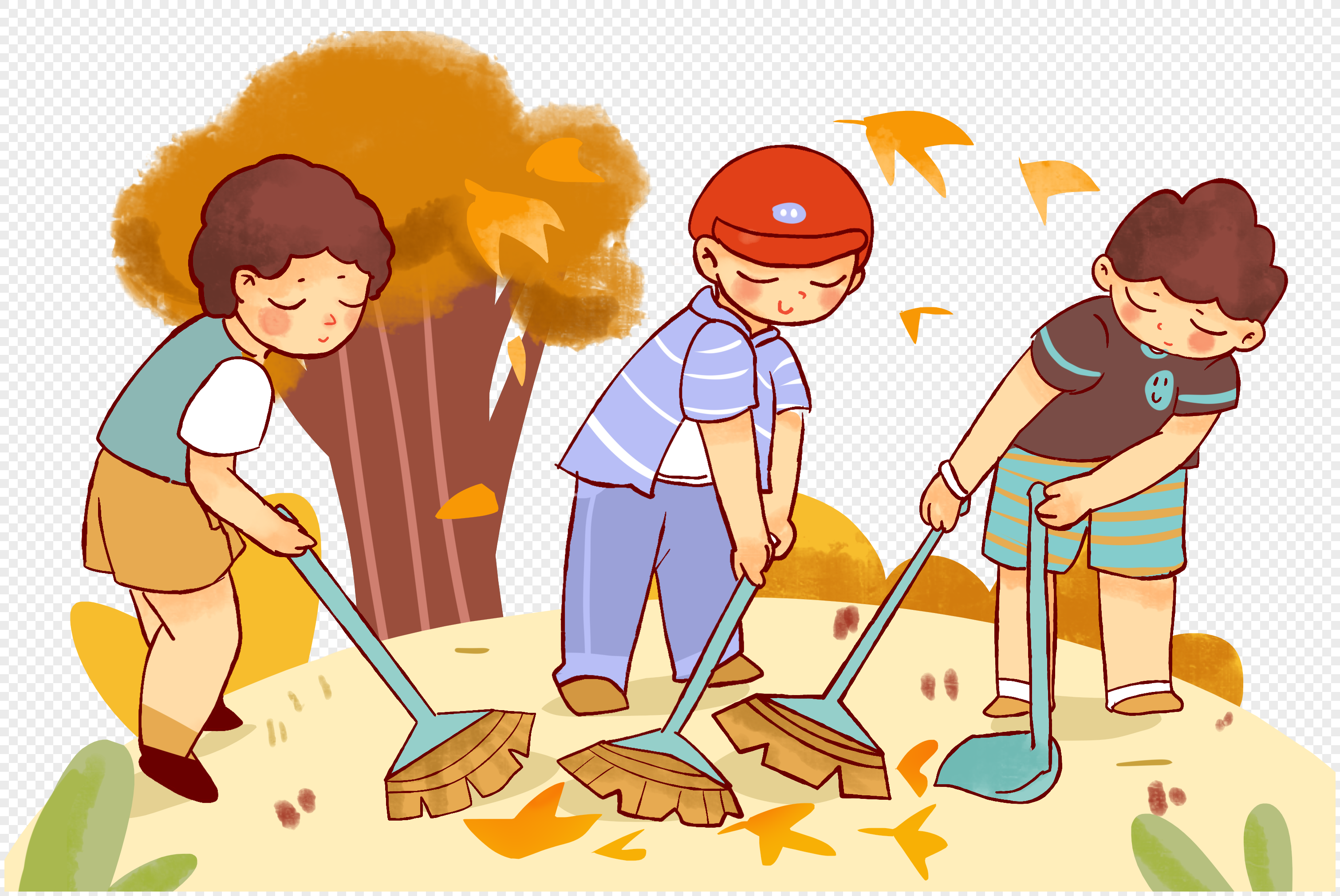 Дети убирают листву