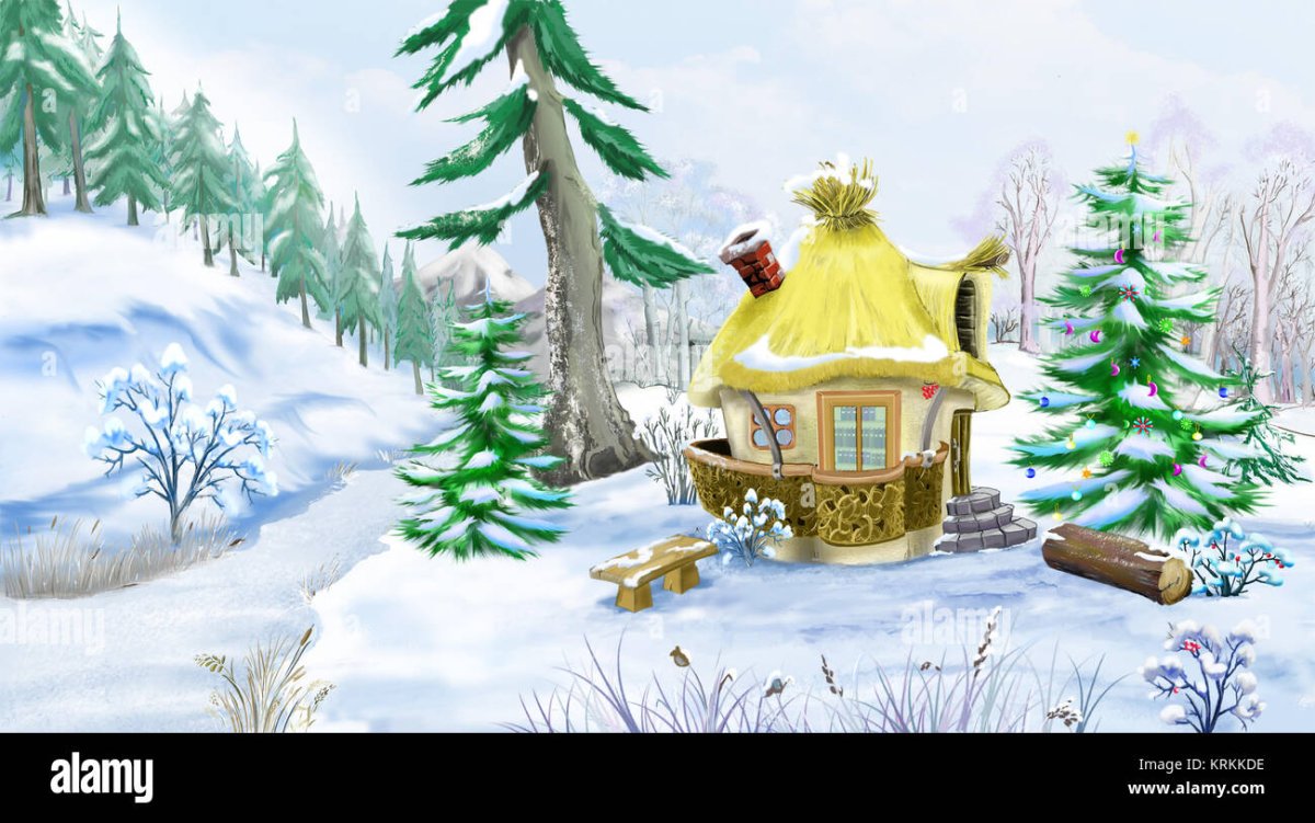 Сказочный домик в лесу зимой из мультиков